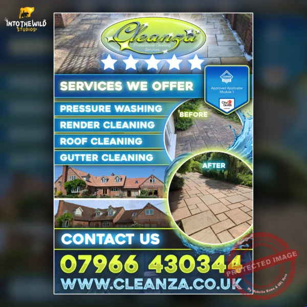 Custom flyer design created for Cleanza Professional Cleaning Services by Into The Wild Studios.